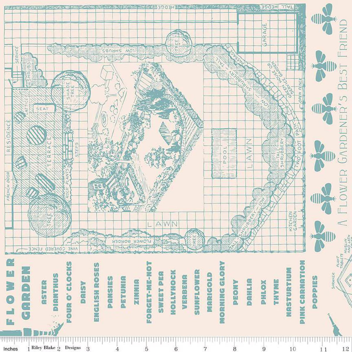 Fabric, Flower Patch by Lori Holt WIDE BACK 108" - Farmers Almanac Raindrop (by the yard)