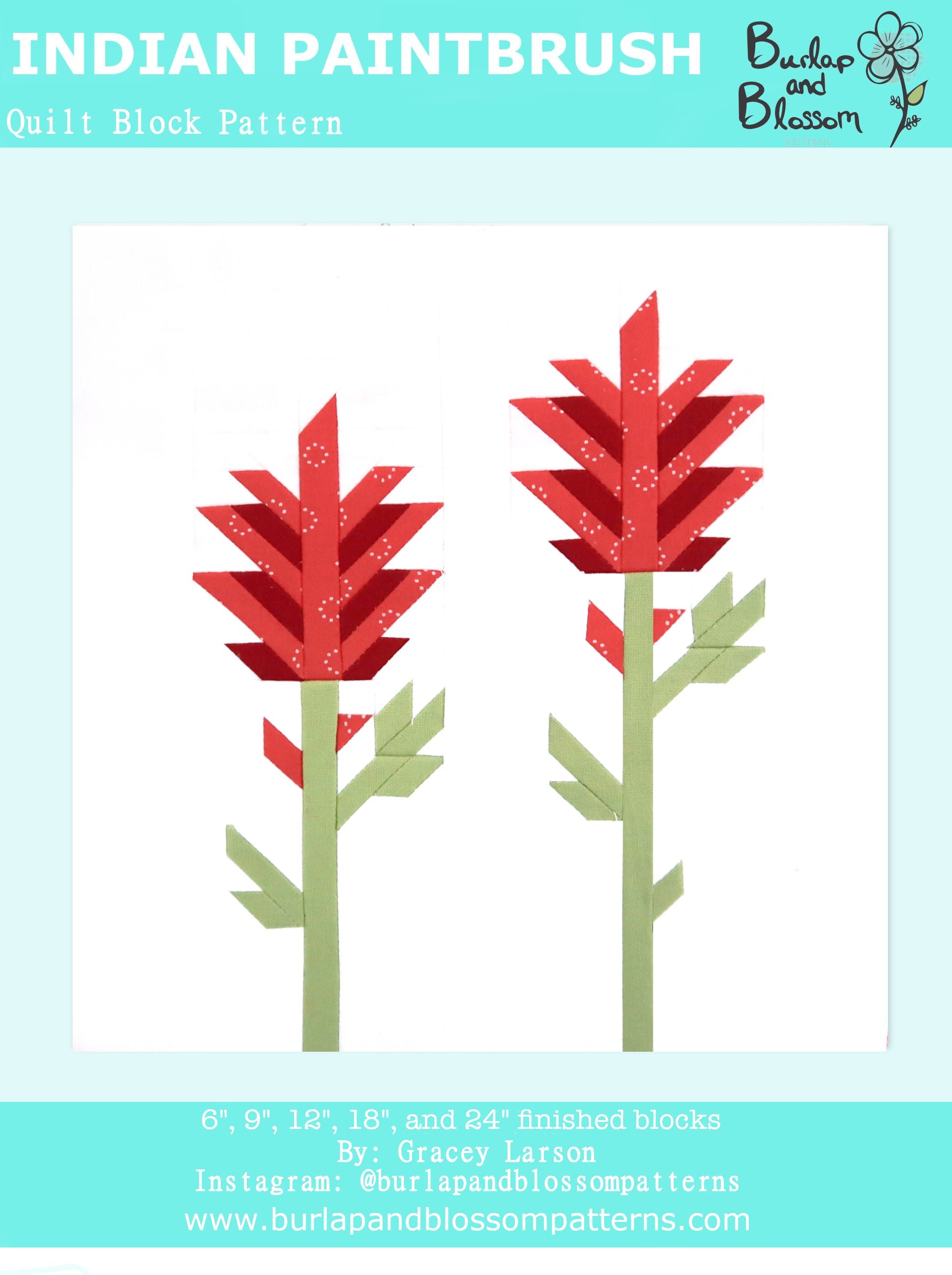 Pattern, Indian Paintbrush Flower Quilt Block by Burlap and Blossom (digital download)