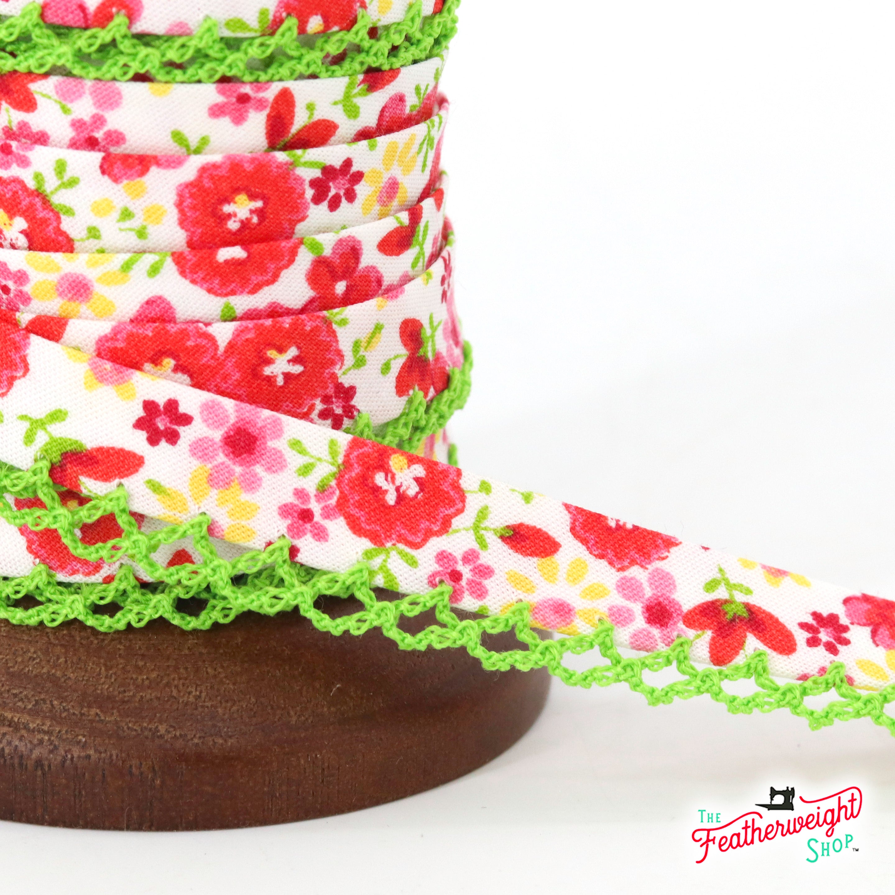 LACE BIAS TAPE, Fuschia Floral - LIME GREEN LACE Double Fold (by the yard)