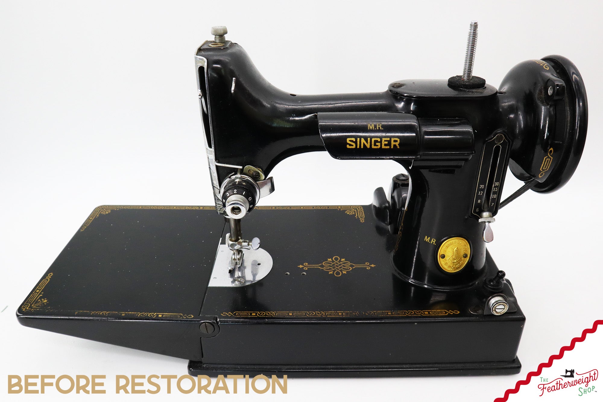 Singer Featherweight 221 Sewing Machine AH194***, RARE M.R. Decal - Fully Restored in Gloss Black
