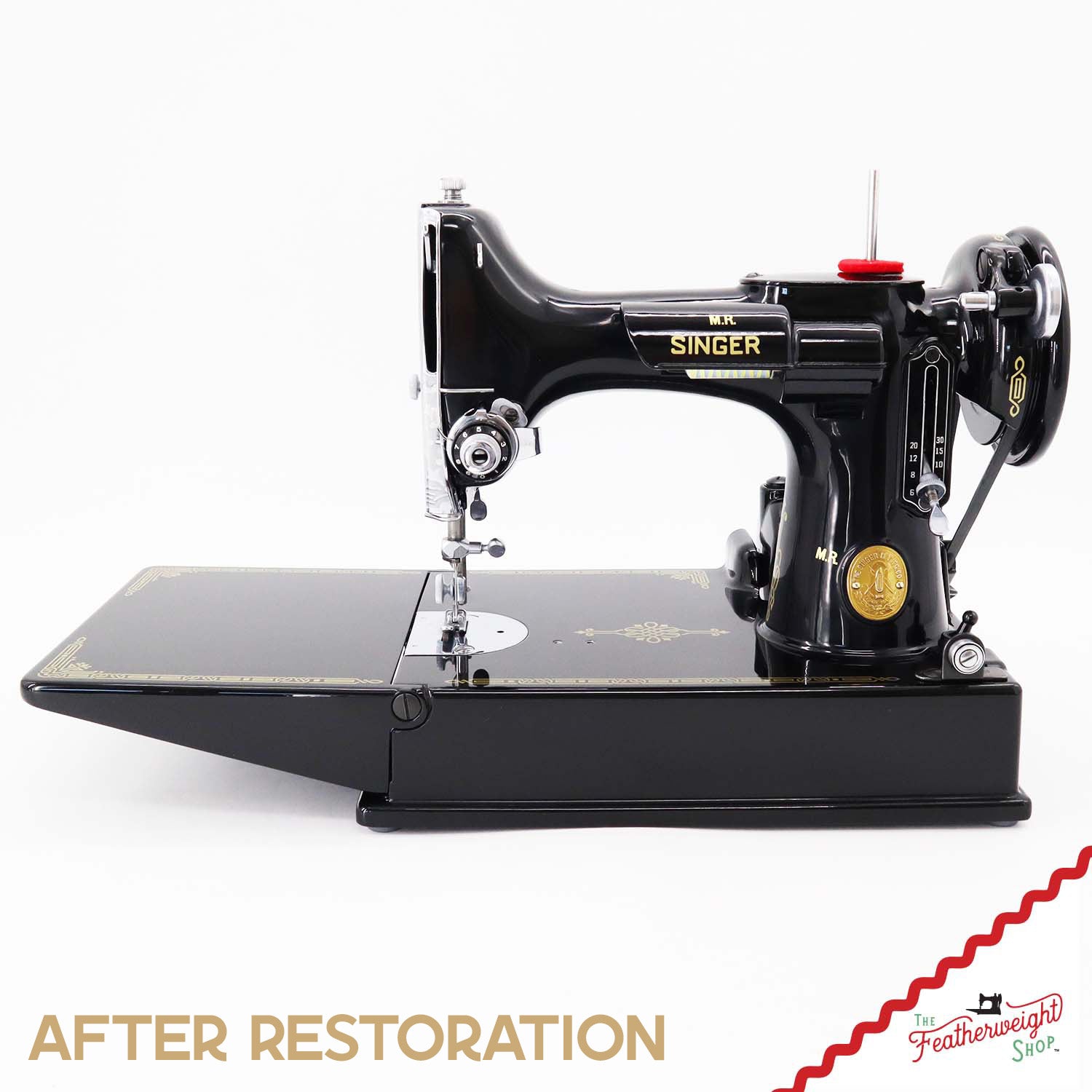 Singer Featherweight 221 Sewing Machine AH194***, RARE M.R. Decal - Fully Restored in Gloss Black