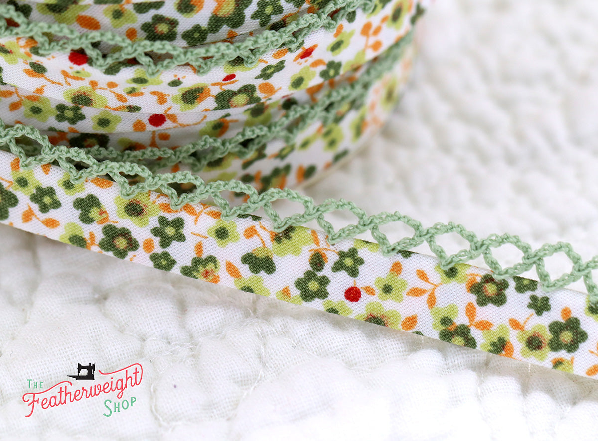 LACE BIAS TAPE, Woodland Moss Light Green Double Fold (by the yard)