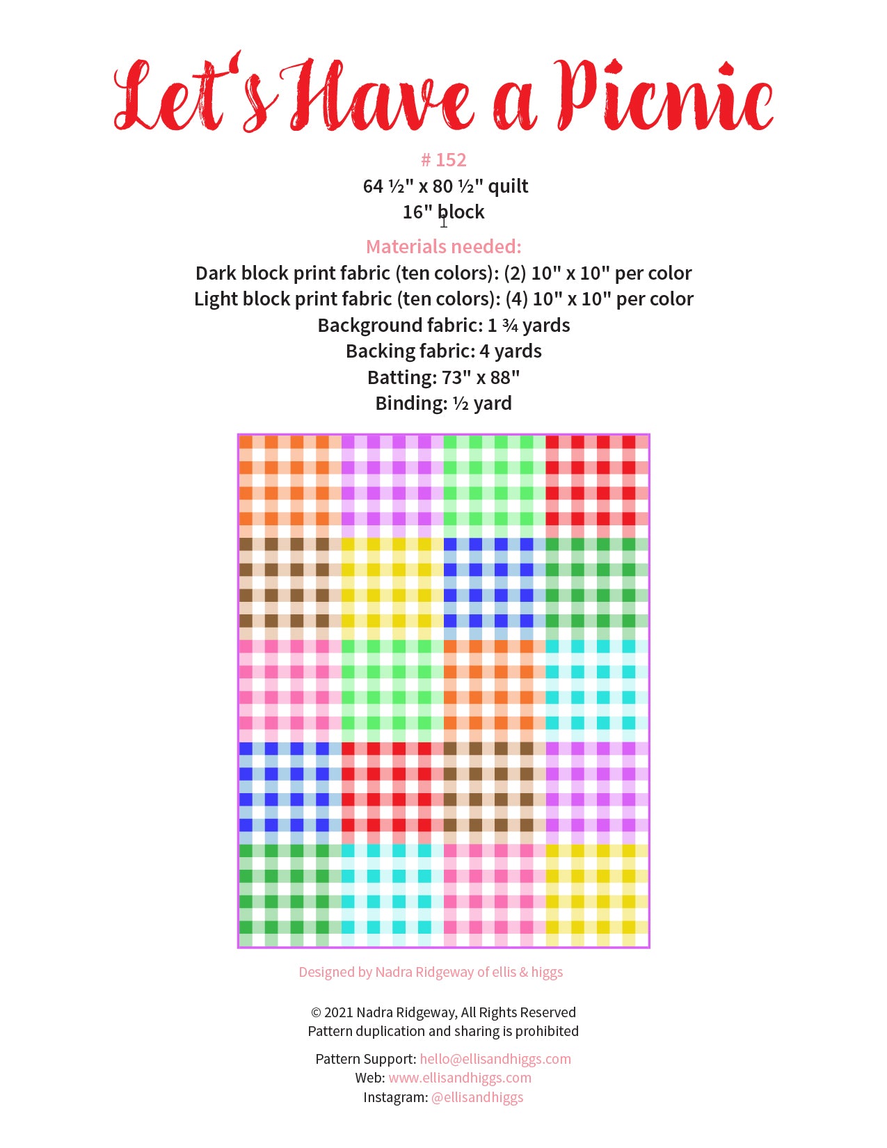 Pattern, Let's Have A Picnic Quilt by Ellis & Higgs (digital download)