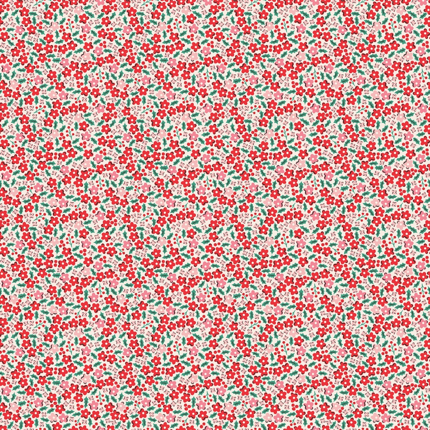 Fabric, Oh What Fun RED HOLLY FLOWERS by Poppie Cotton (by the yard)