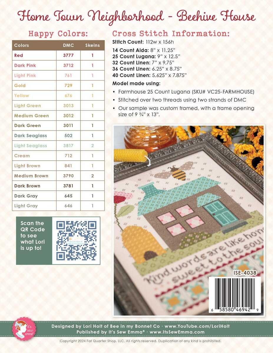 Counted Cross Stitch, HOME TOWN Neighborhood Beehive House Pattern by Lori Holt