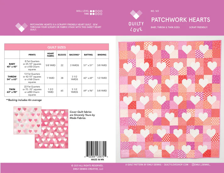 PATTERN, Patchwork Hearts Quilty Love by Emily Dennis