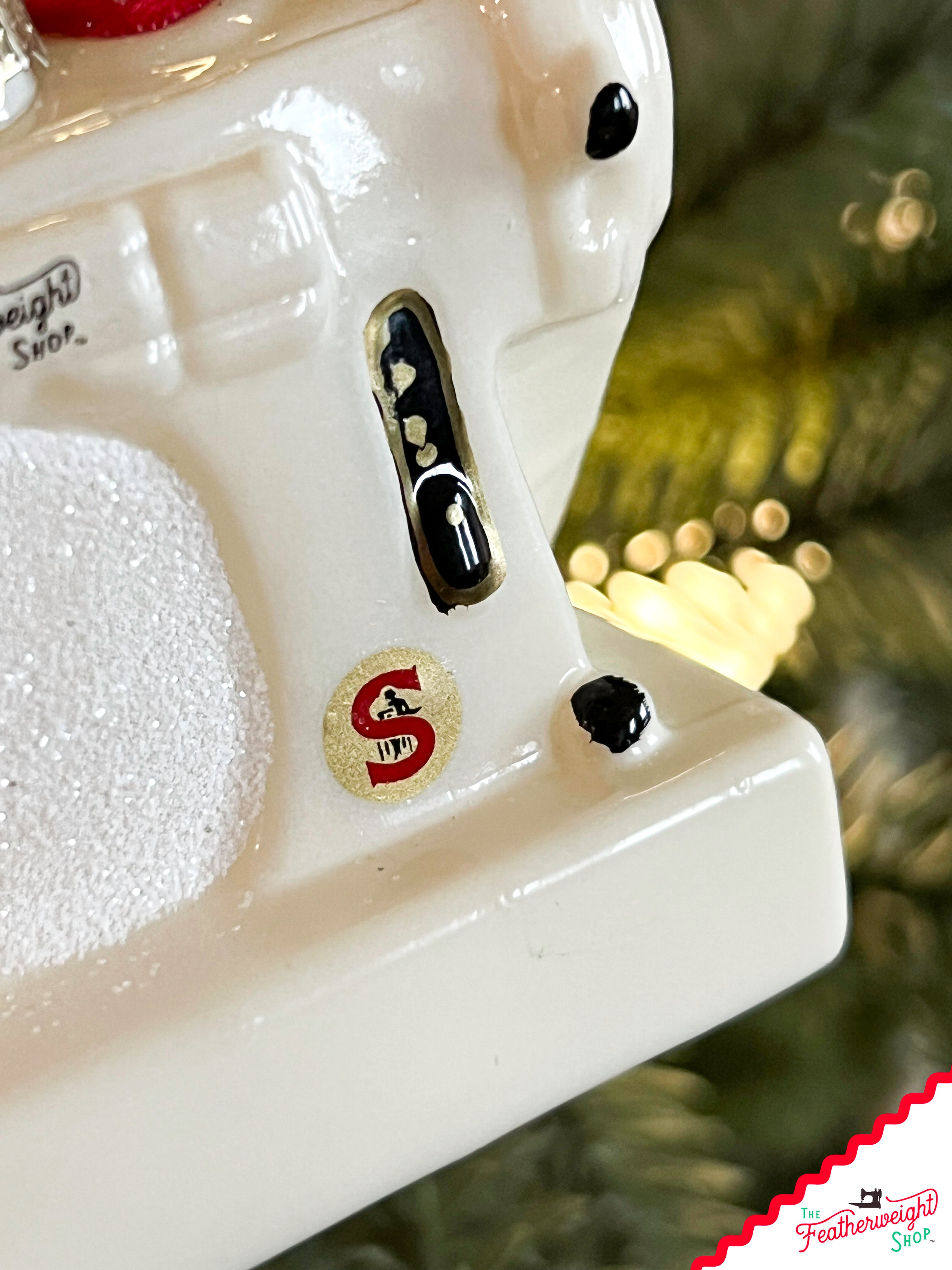 Christmas ORNAMENT, White Singer Featherweight Blown Glass Collectible