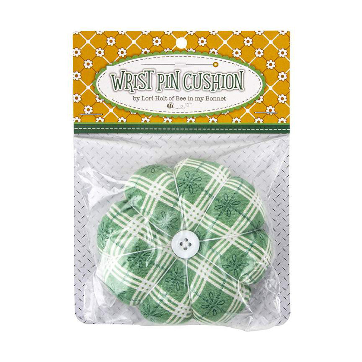 Pin Cushion, Button Tufted Wrist Style by Lori Holt - GREEN PLAID