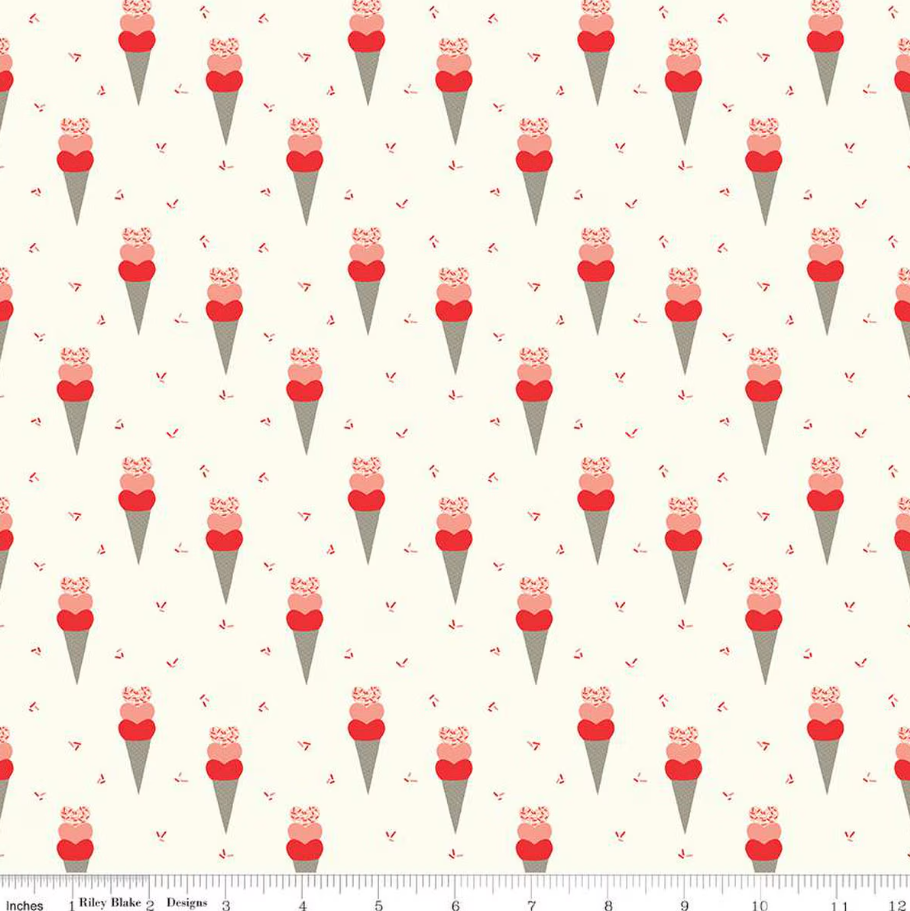 Fabric, Heart Ice Cream Cones by Sandy Gervais - CREAM (by the yard)