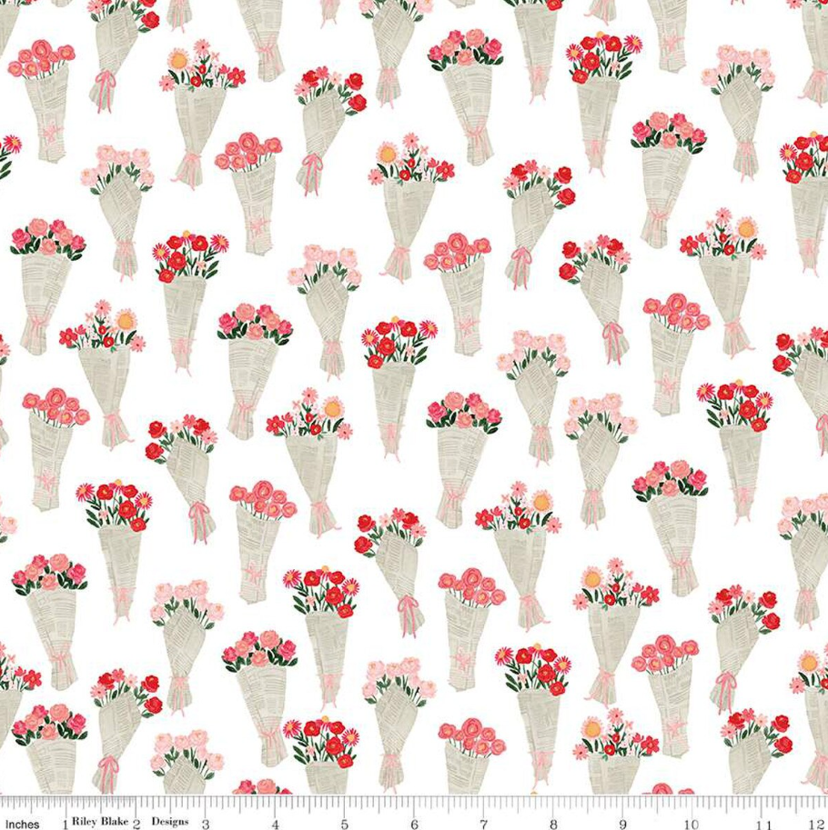 Fabric, My Valentine Bouquet of Roses by Echo Park Paper Co - WHITE (by the yard)