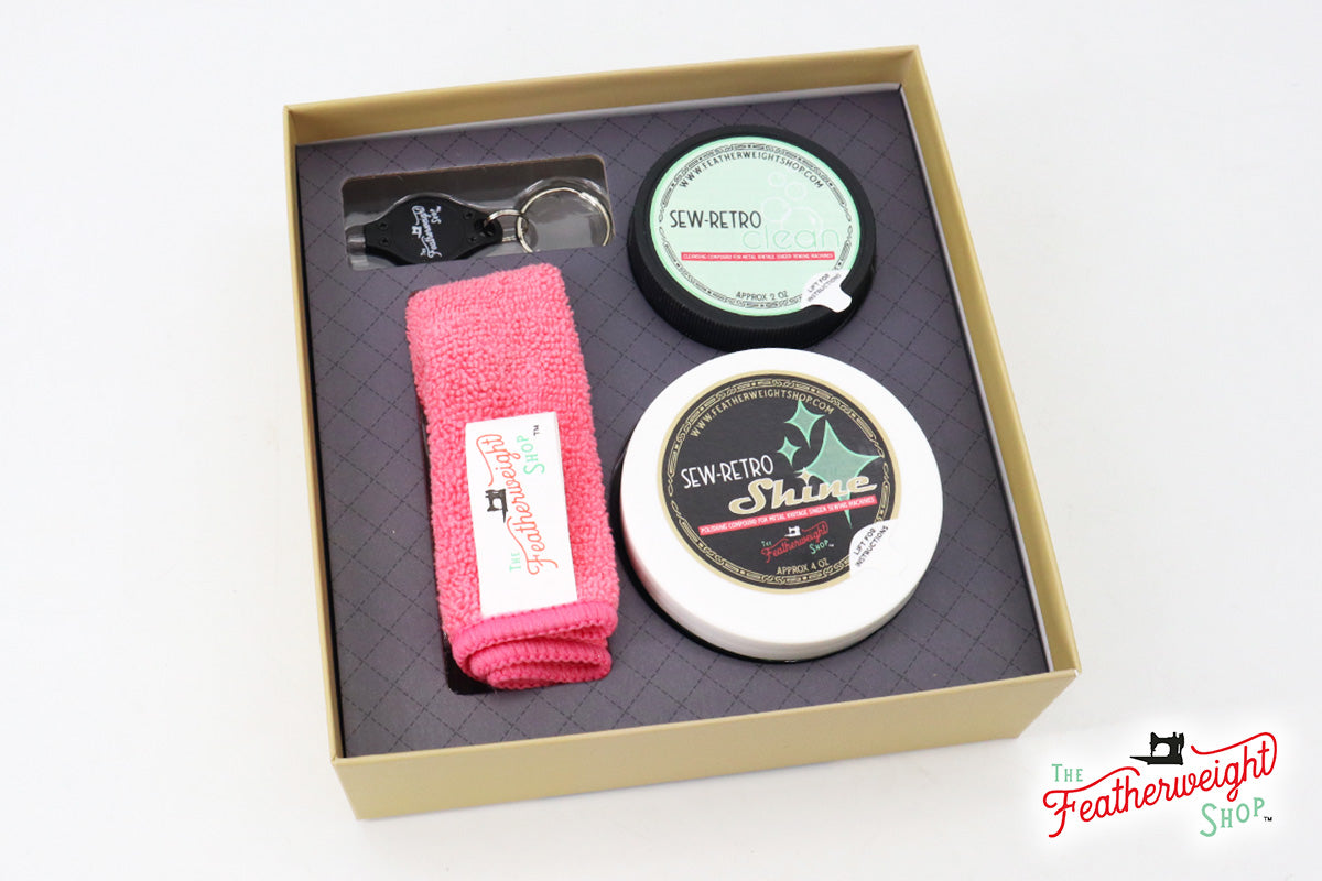 Inside the Sew-Retro Clean & Shine Kit — polish, buffing cloth, and black light