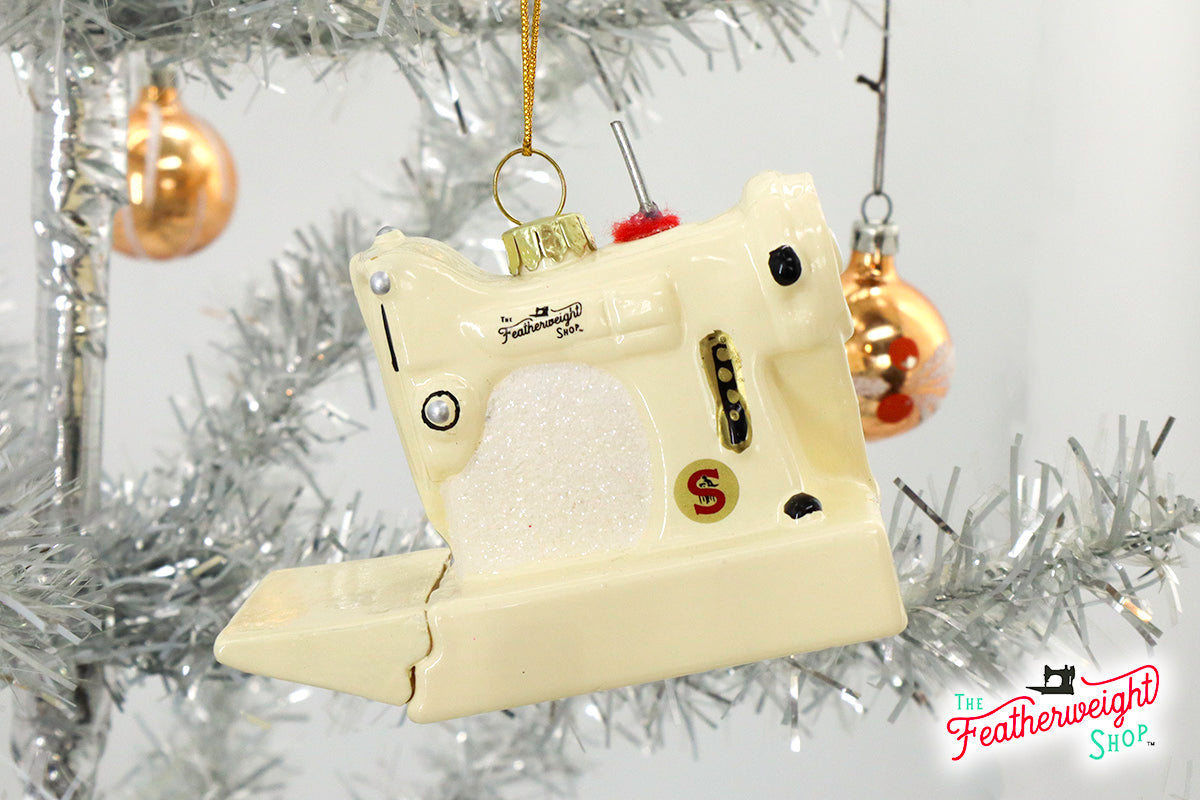 Christmas ORNAMENT, White Singer Featherweight Blown Glass Collectible