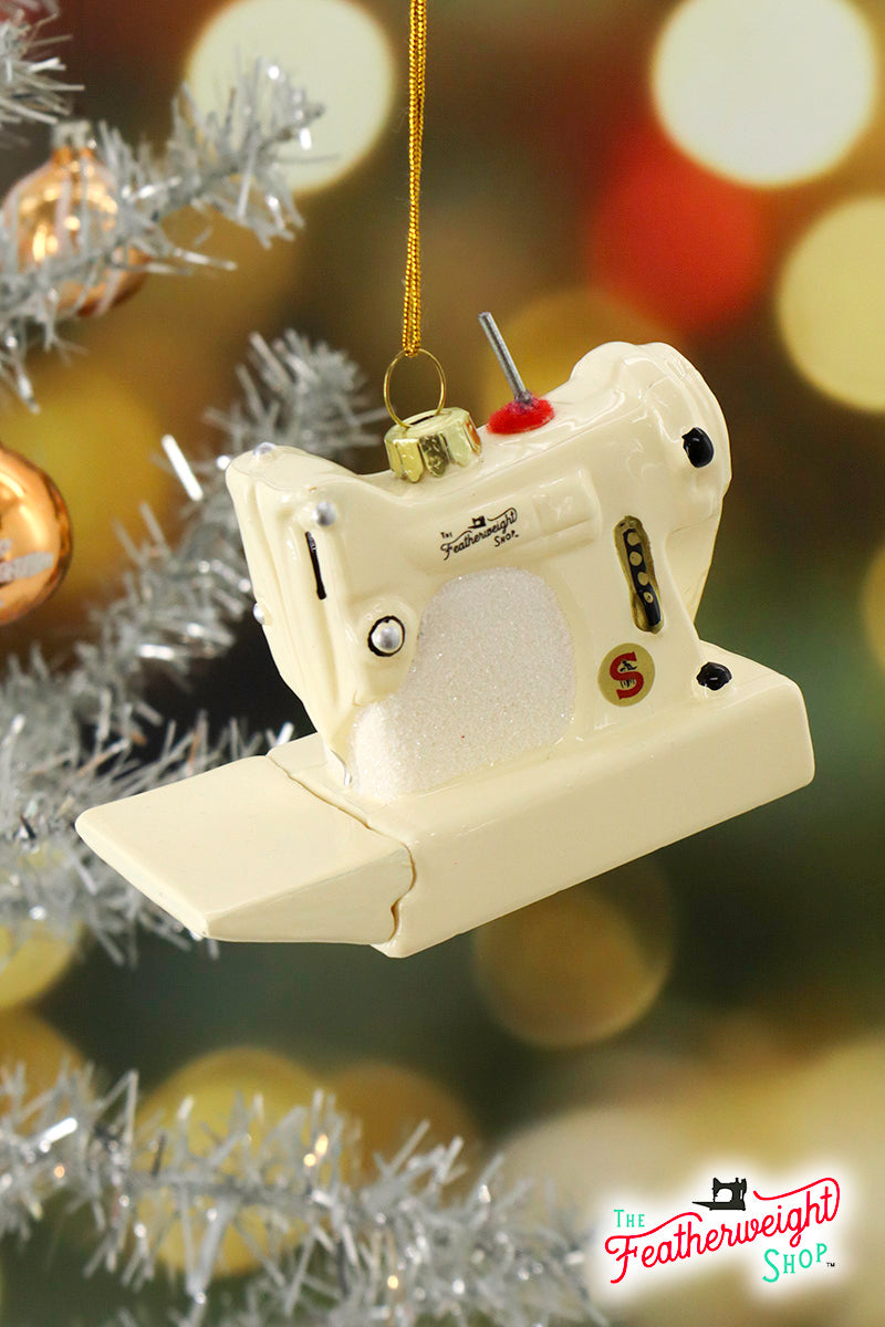 Christmas ORNAMENT, White Singer Featherweight Blown Glass Collectible