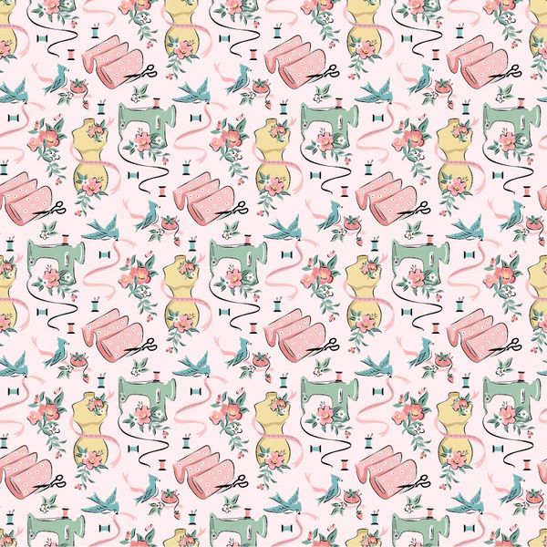 Fabric, Poppie Cotton Granny's Sewing Room - Sewing Room PINK (by the yard)