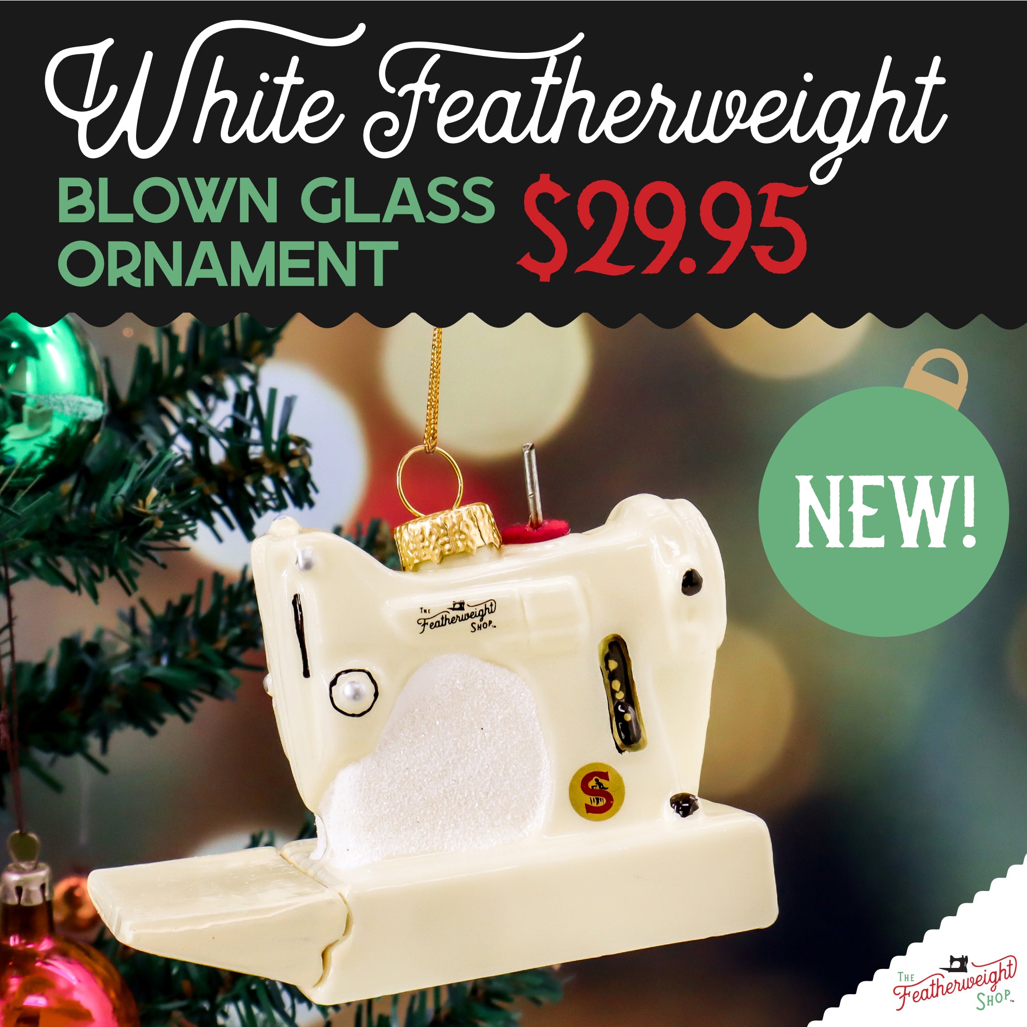 Christmas ORNAMENT, White Singer Featherweight Blown Glass Collectible