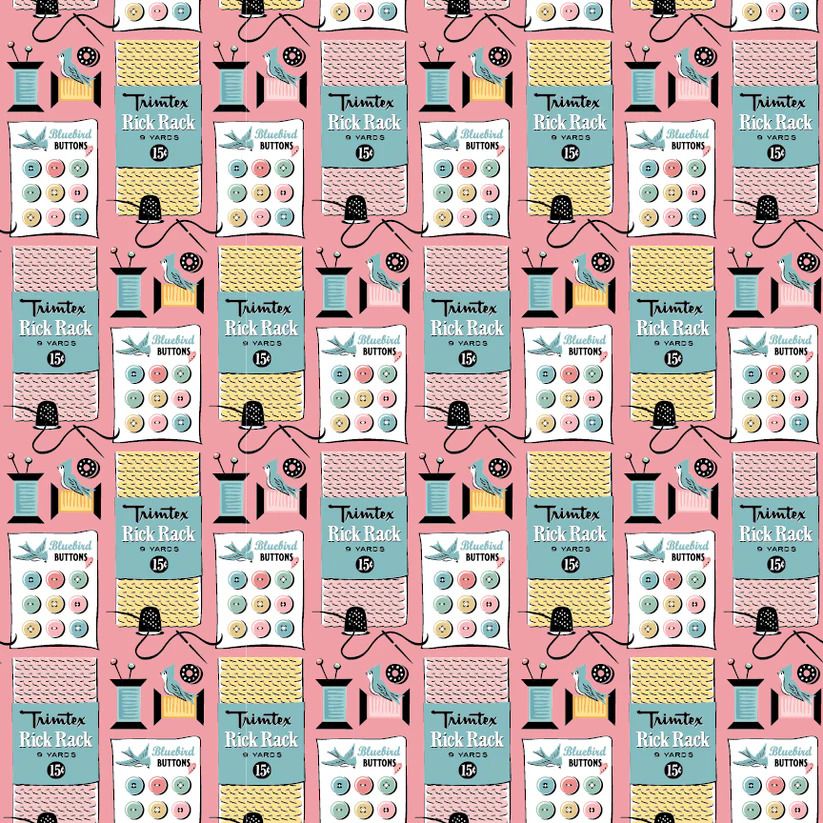 Fabric, Poppie Cotton Granny's Sewing Room - Sewing Notions PINK (by the yard)