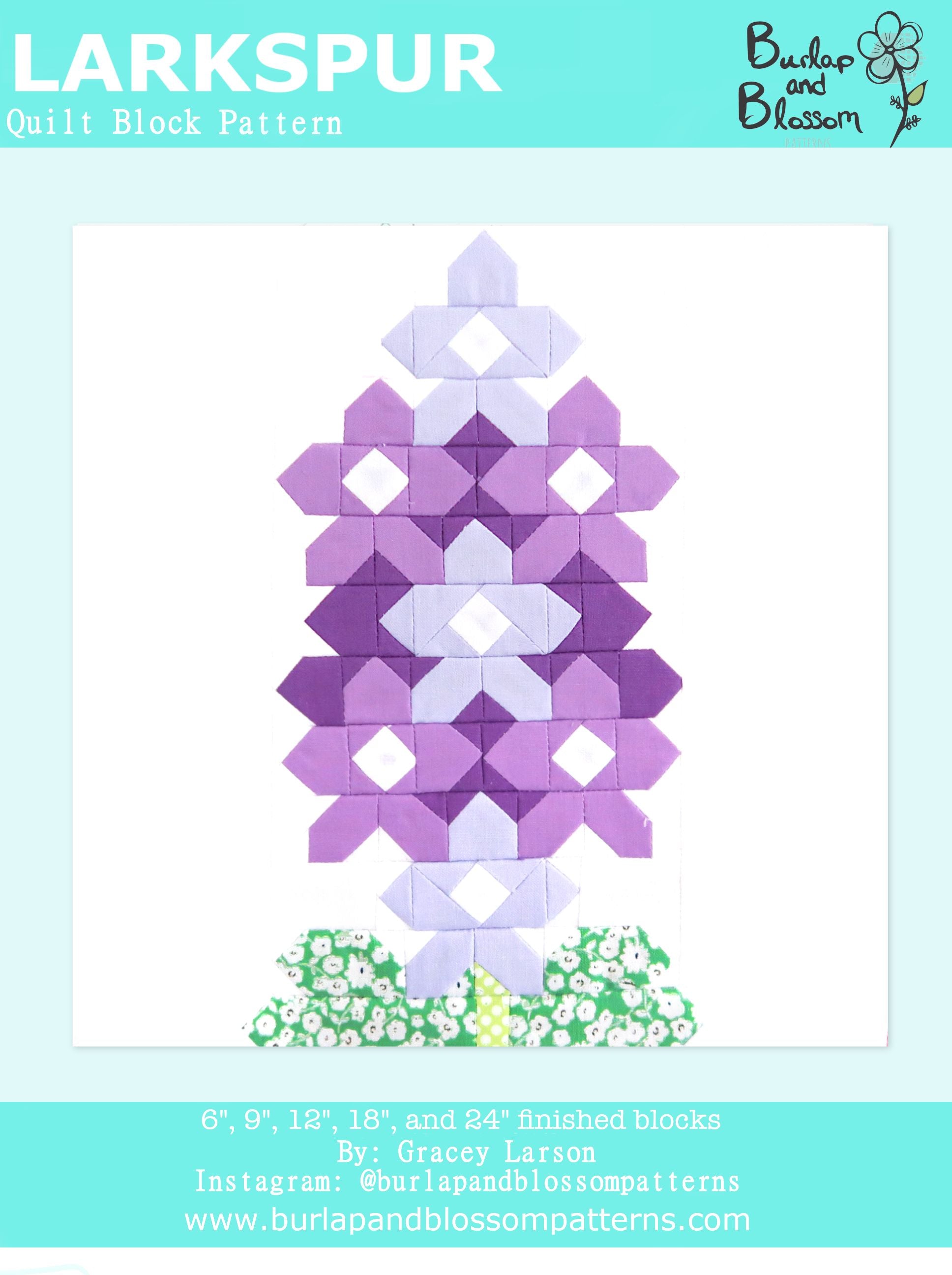 Pattern, Larkspur Flower Quilt Block by Burlap and Blossom (digital download)