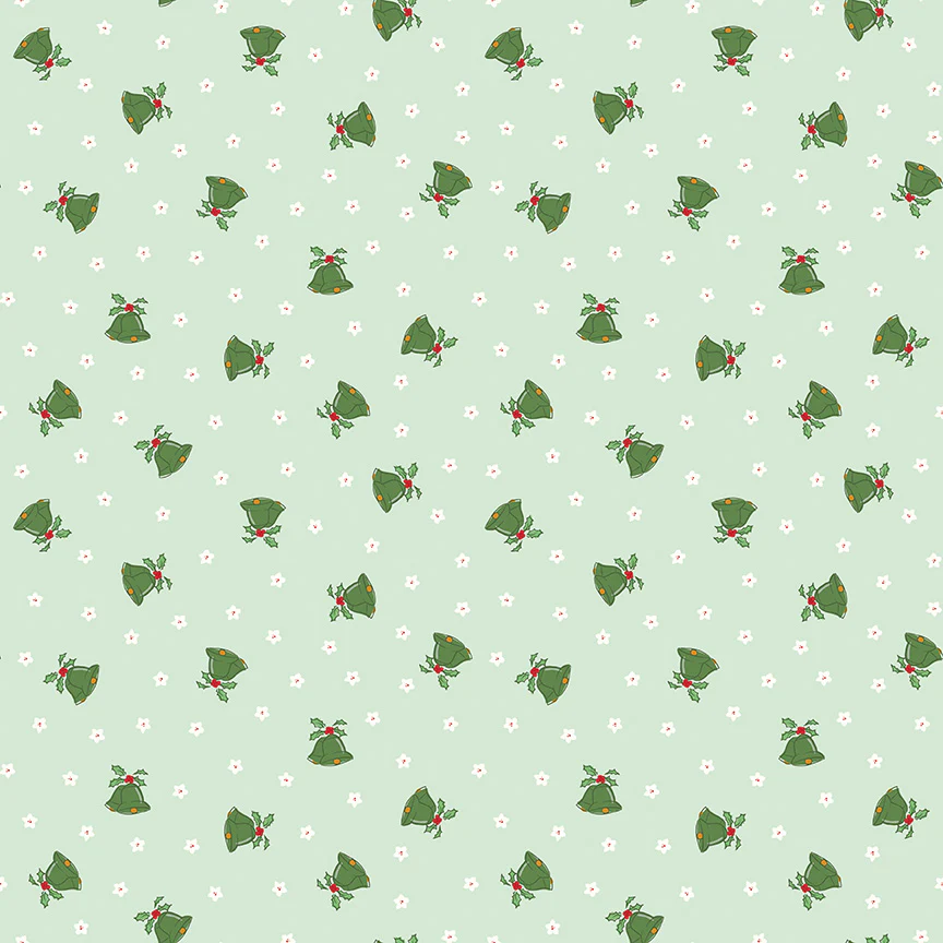 Fabric, Mistletoe and Holly Mistle Scattered Bells by Beverly McCullough - Hint of Mint GREEN (by the yard)