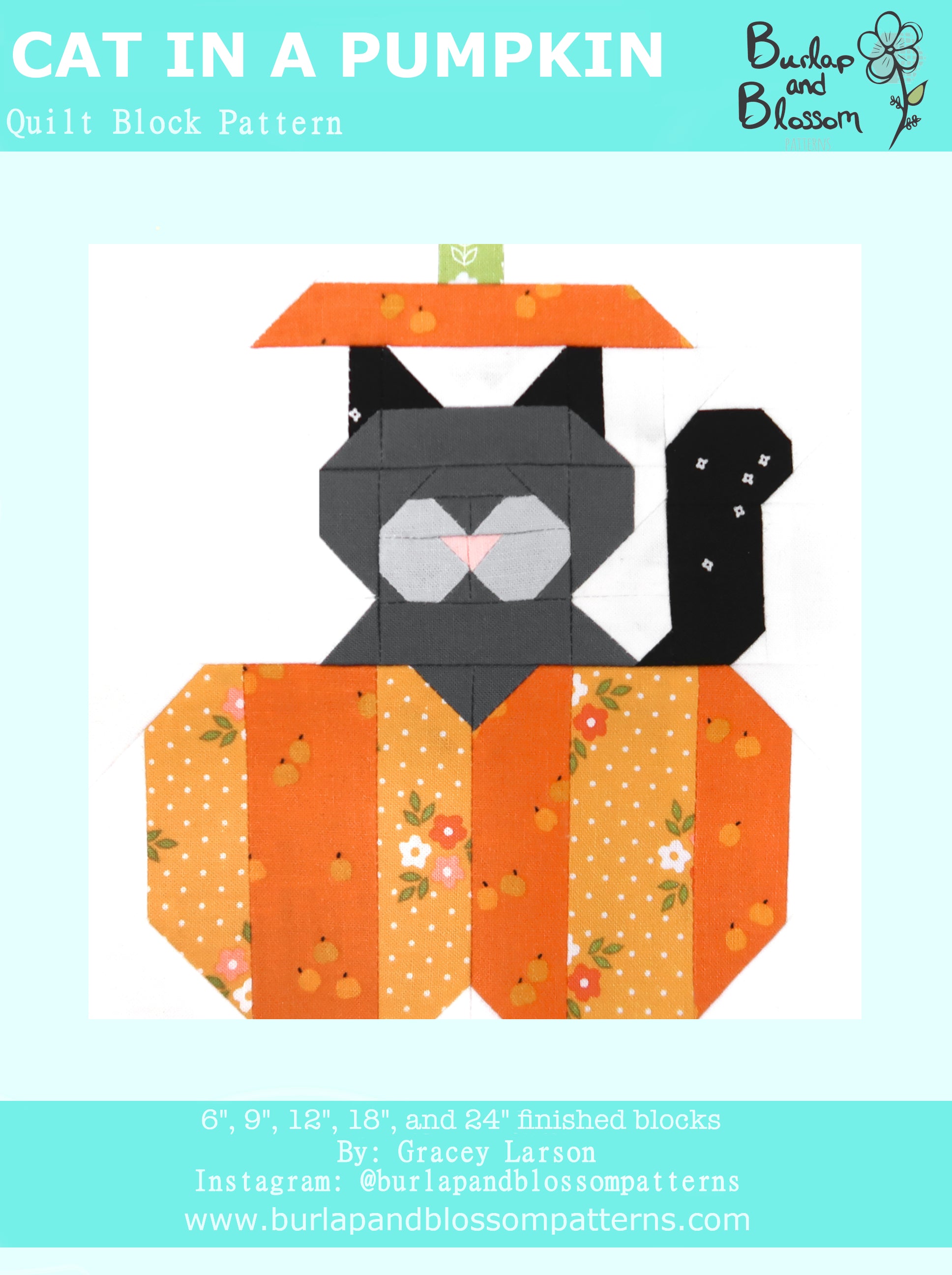 Pattern, Cat in a Pumpkin Quilt Block by Burlap and Blossom (digital download)