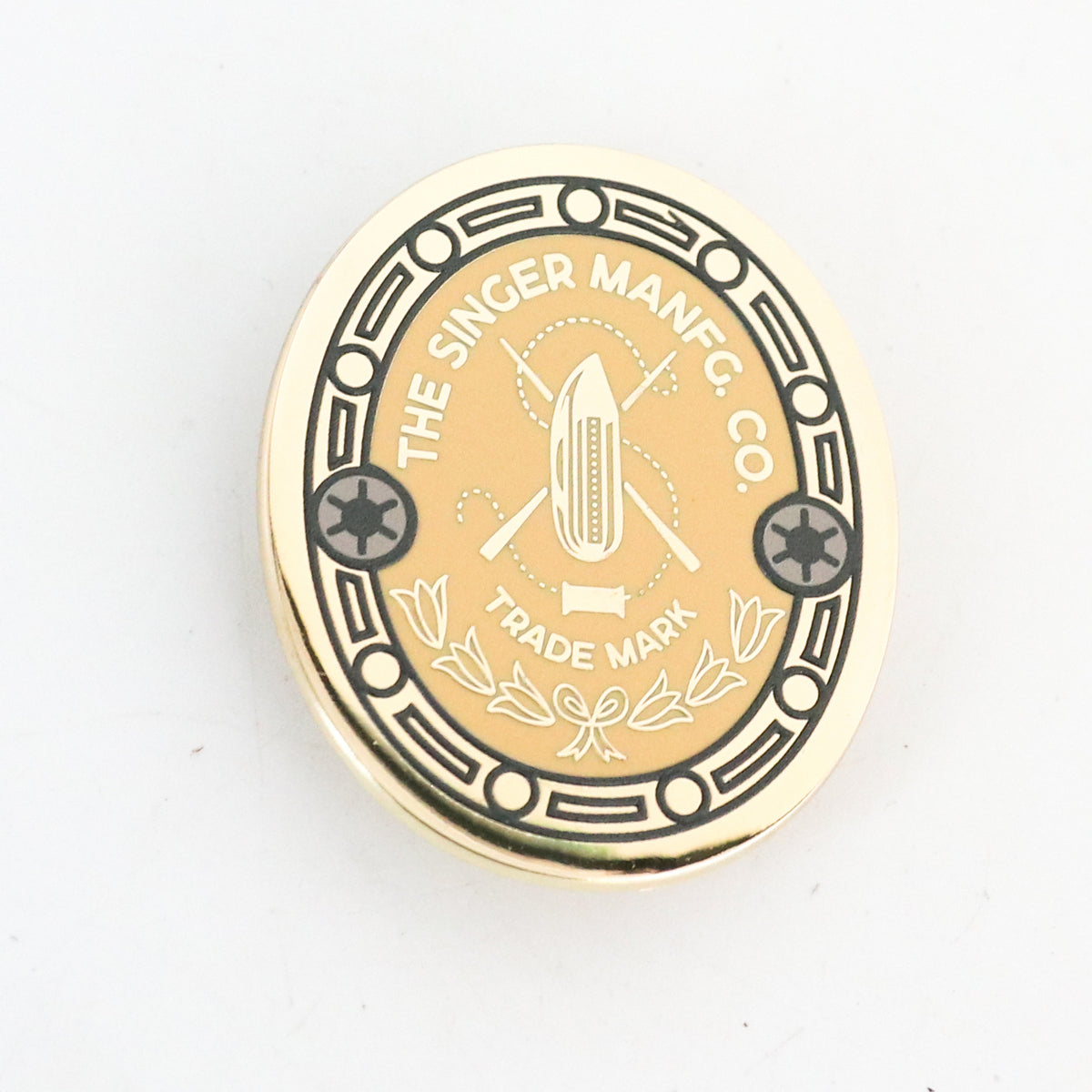 BLACK BORDER Featherweight badge Pin Pal, gold face with a black scrollwork border