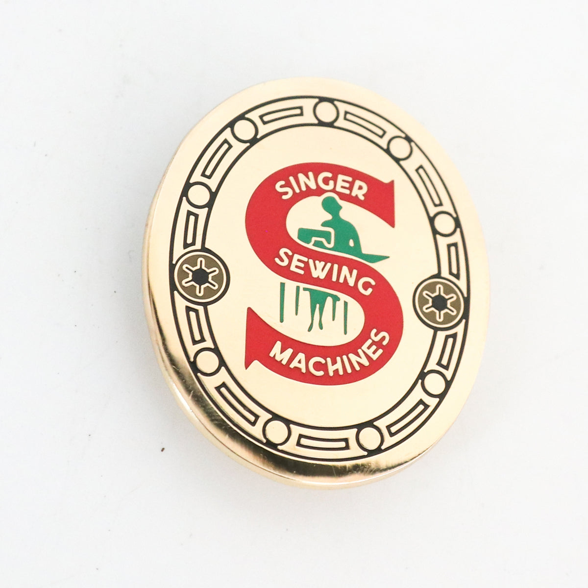 RED S Featherweight badge Pin Pal, red and green Singer Sewing Machines S