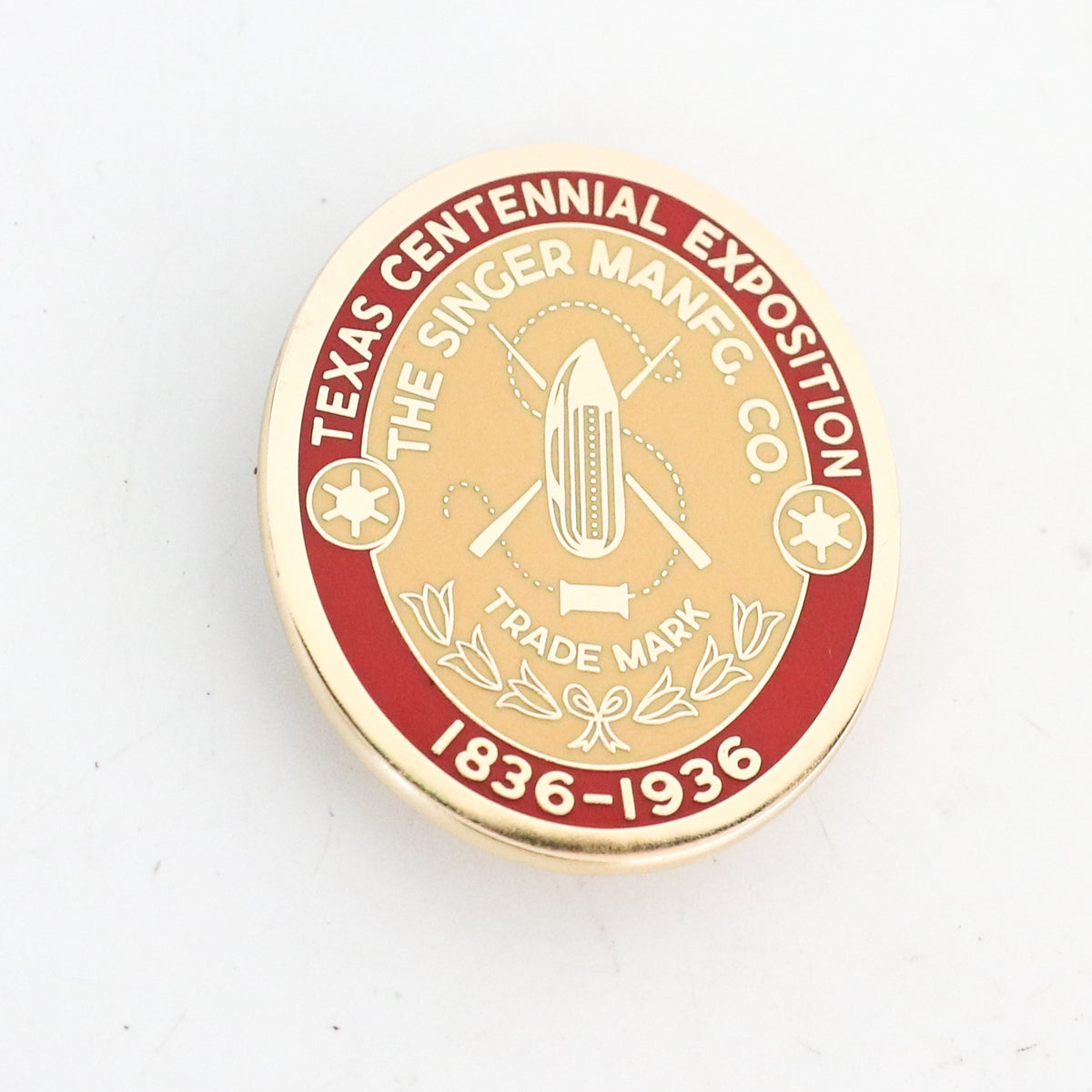 TEXAS Centennial 1836–1936 Featherweight badge Pin Pal, red enamel and gold