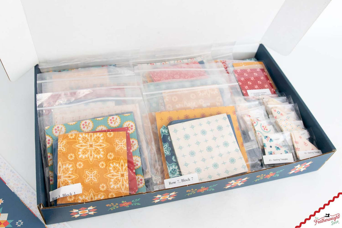 Open kit box with pieces bagged and labeled by row and block