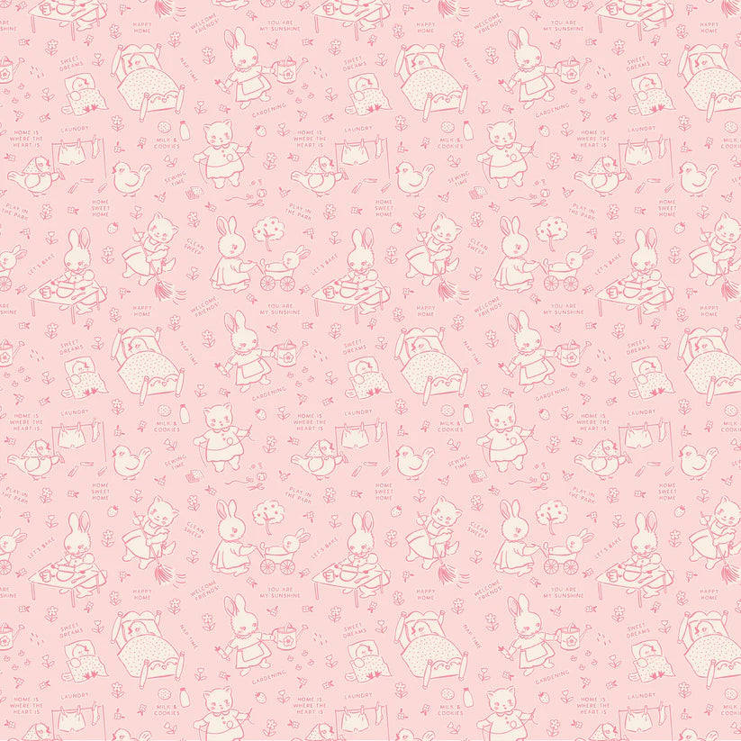 Fabric, Poppie Cotton Home Sweet Home - Pink Chore Time (by the yard)