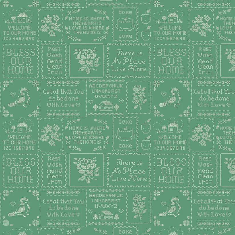 Fabric, Poppie Cotton Home Sweet Home - Green Cross Stitch (by the yard)