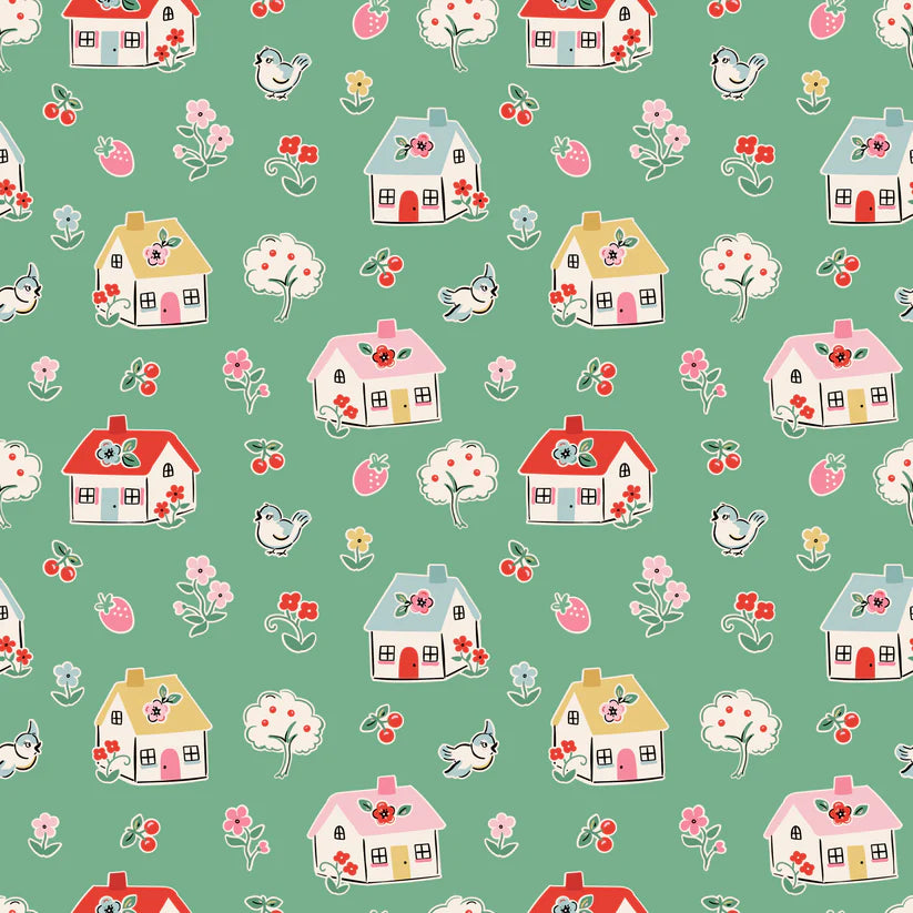 Fabric, Poppie Cotton Home Sweet Home - Green Happy Home (by the yard)