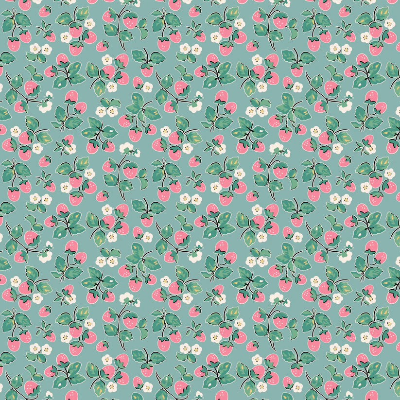 Fabric, Poppie Cotton Home Sweet Home - Blue Strawberry Cake (by the yard)