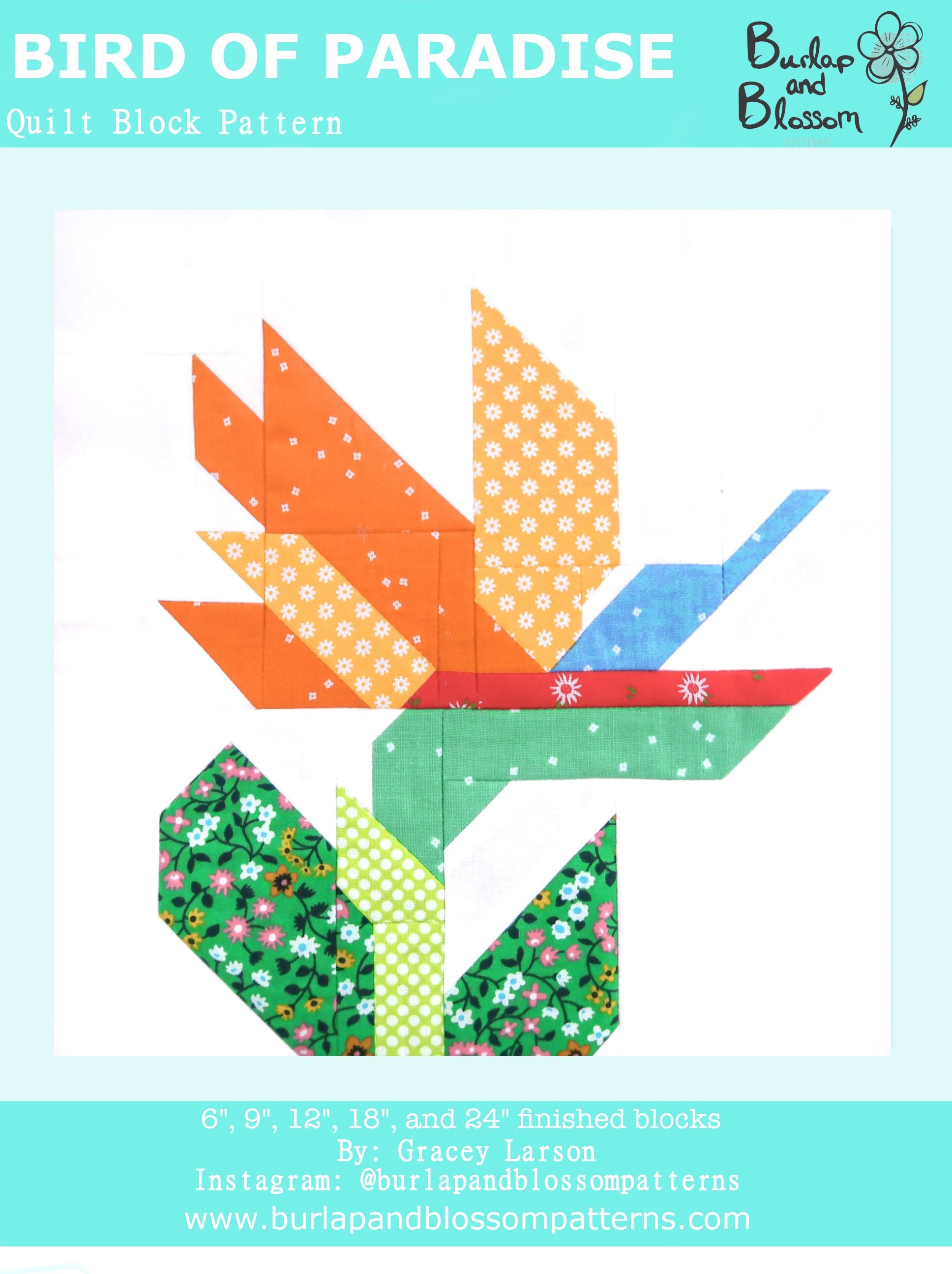 Pattern, Bird of Paradise Flower Quilt Block by Burlap and Blossom (digital download)