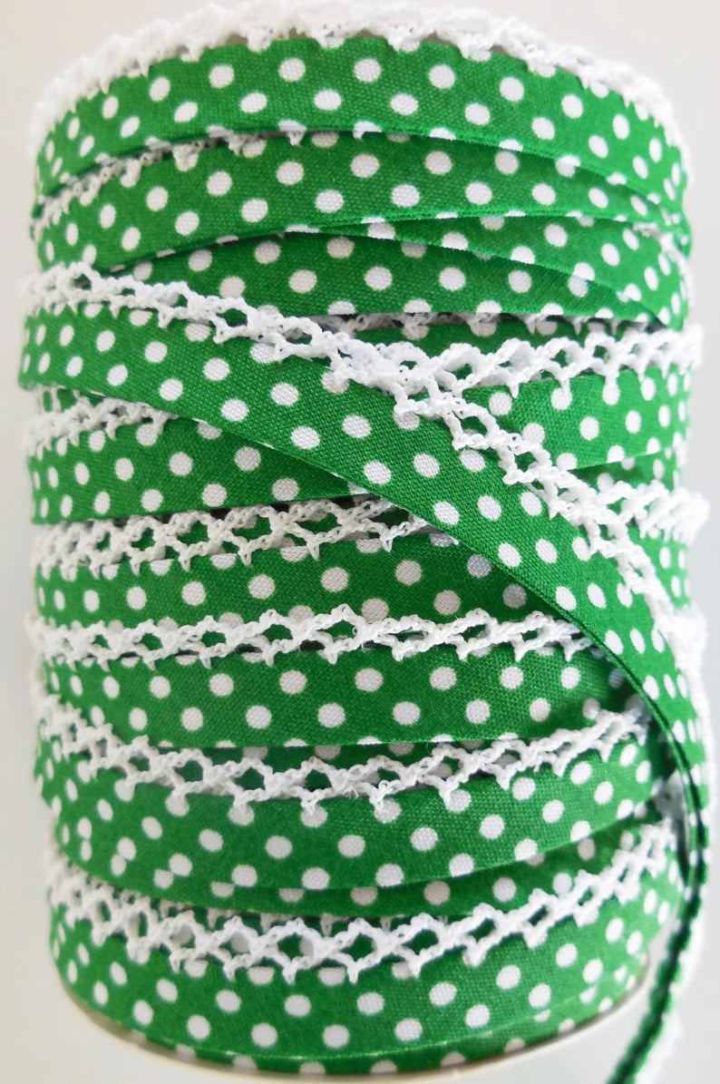 LACE BIAS TAPE, Kelly Green Polka Dot Double Fold Crochet Edge (by the yard)