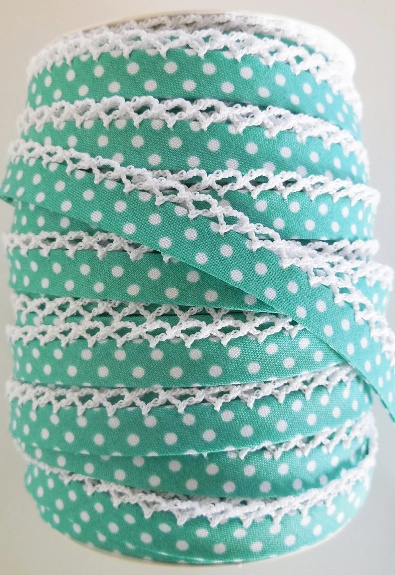 LACE BIAS TAPE, Seafoam Green Polka Dot Double Fold Crochet Edge (by the yard)