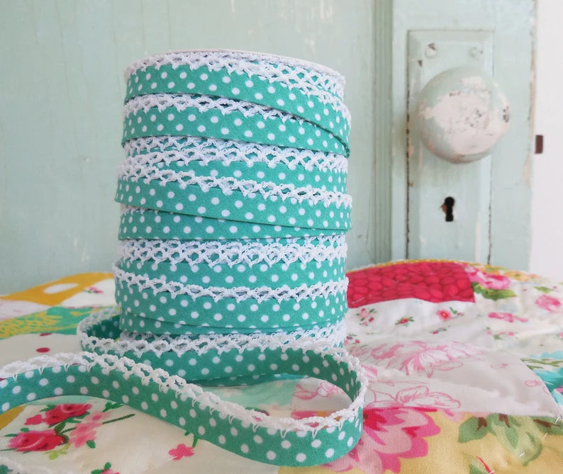 LACE BIAS TAPE, Seafoam Green Polka Dot Double Fold Crochet Edge (by the yard)