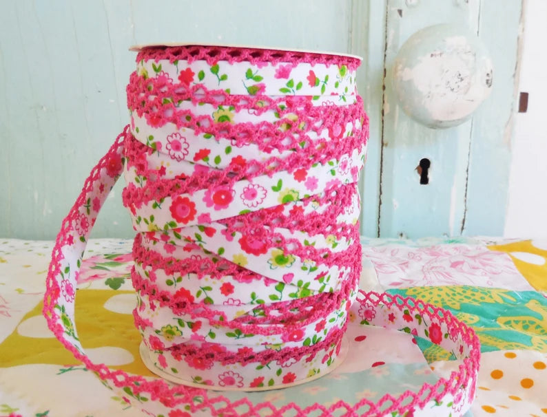 LACE BIAS TAPE, Fuschia Floral Double Fold (by the yard)