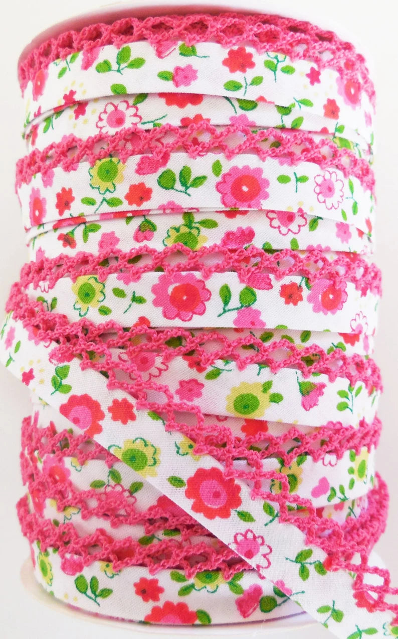 LACE BIAS TAPE, Fuschia Floral Double Fold (by the yard)