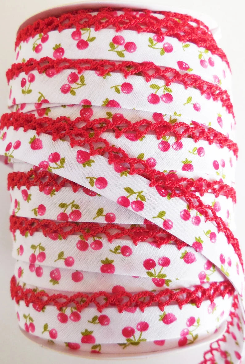 LACE BIAS TAPE, Cherries & Strawberries on White Double Fold Red Crochet Edge (by the yard)