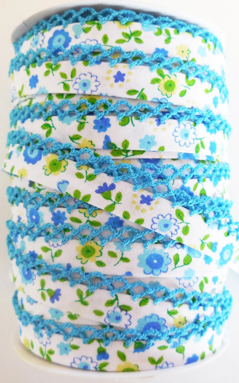 LACE BIAS TAPE, Turquoise Floral Double Fold (by the yard)