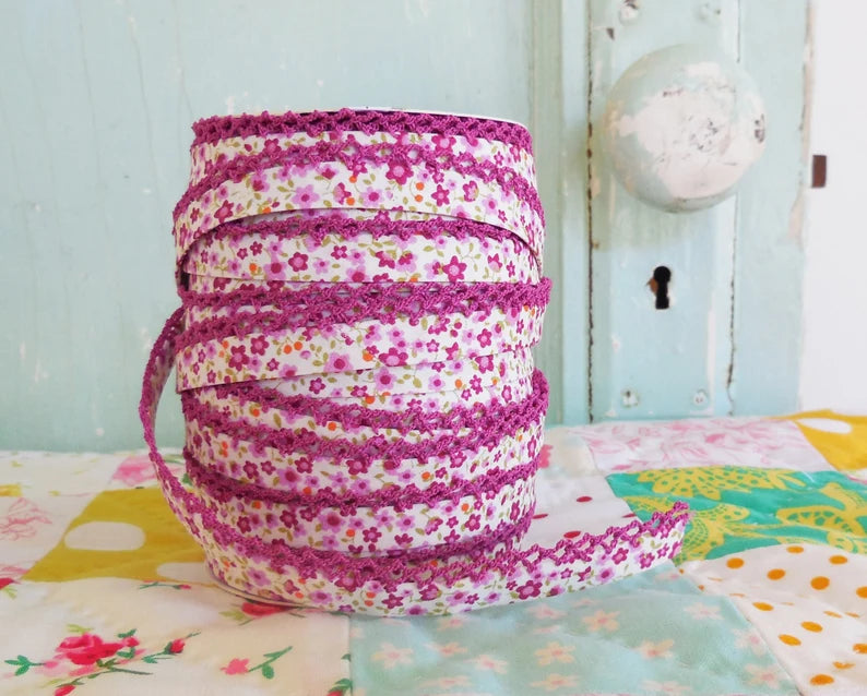 LACE BIAS TAPE, Purple Violet Fuschia Floral Double Fold (by the yard)