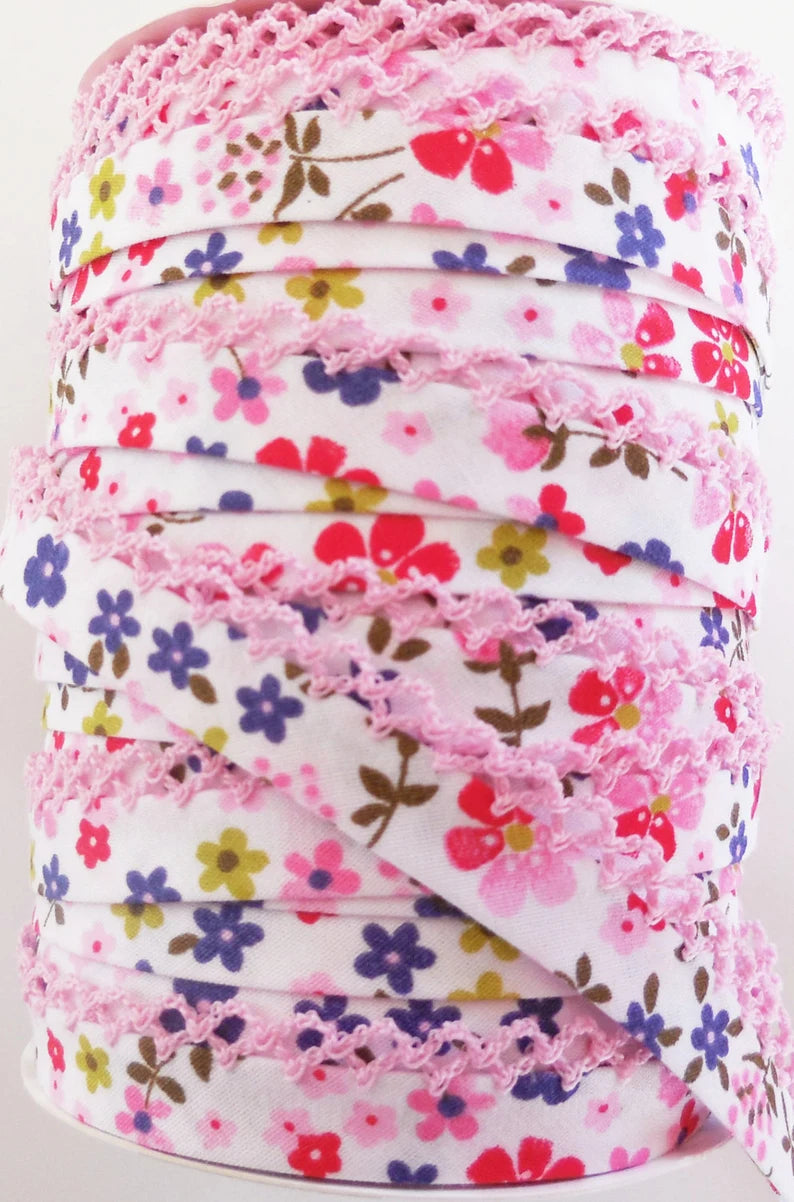 LACE BIAS TAPE, Pink & Purple Floral Double Fold (by the yard)