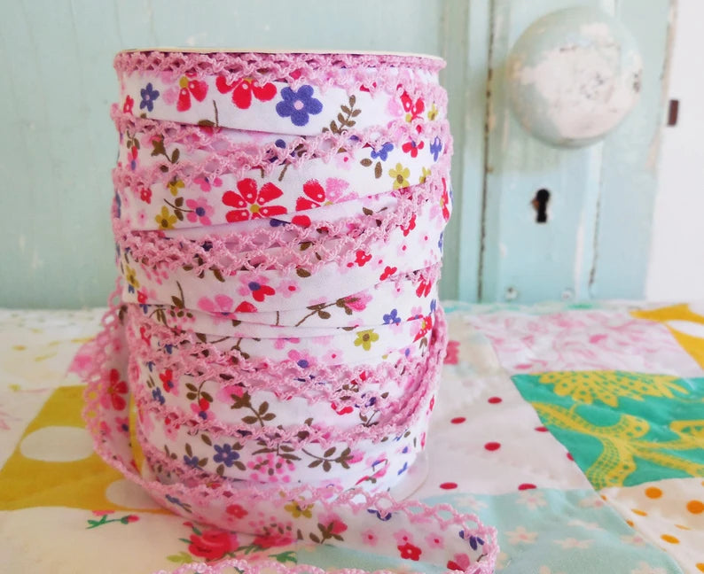 LACE BIAS TAPE, Pink & Purple Floral Double Fold (by the yard)