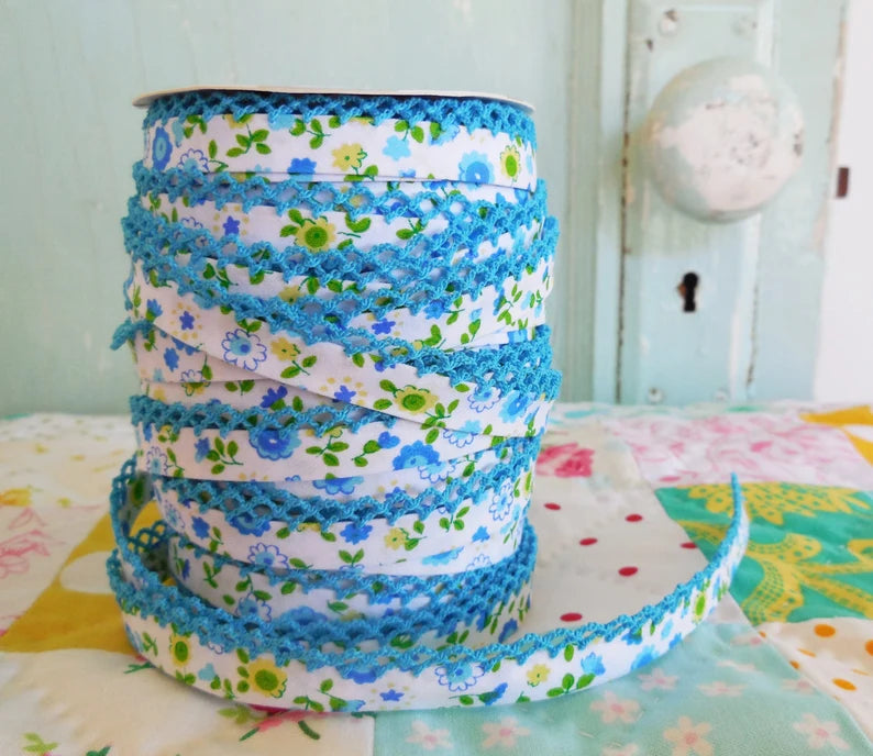 LACE BIAS TAPE, Turquoise Floral Double Fold (by the yard)