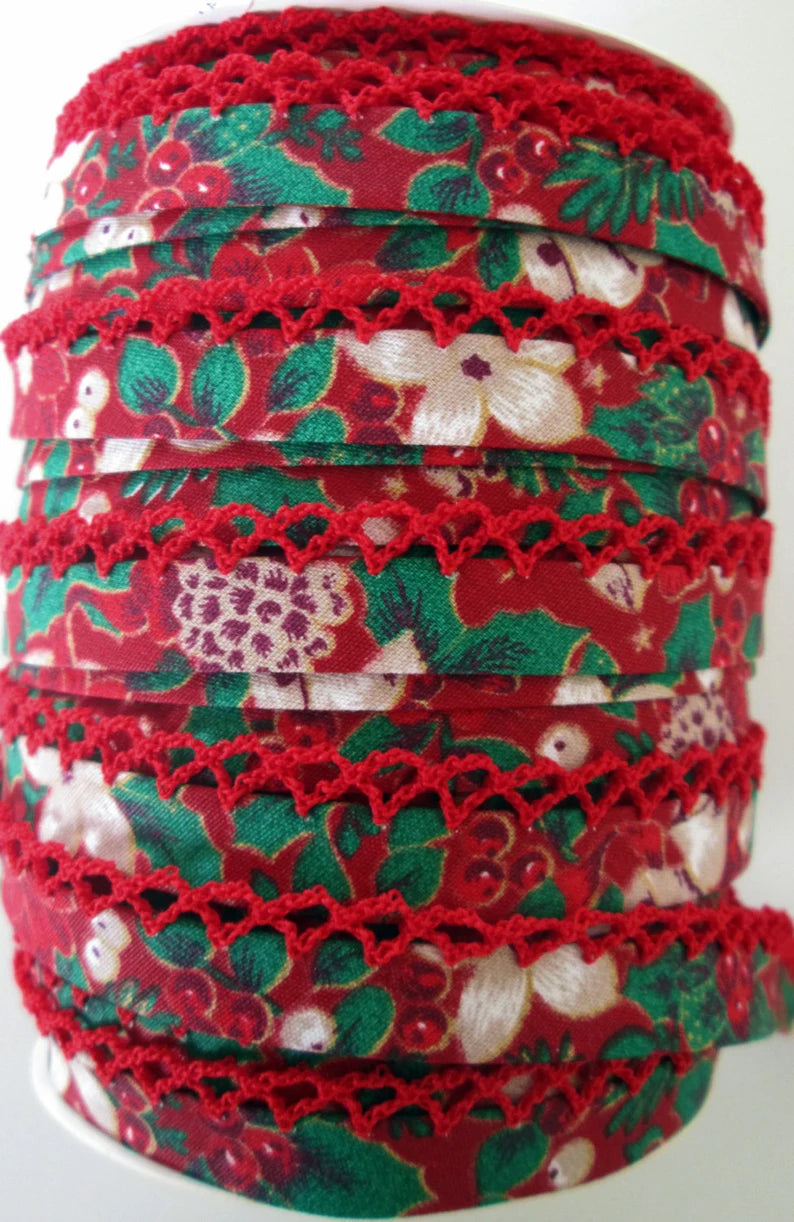 LACE BIAS TAPE, Christmas Floral RED Double Fold Crochet Edge (by the yard)