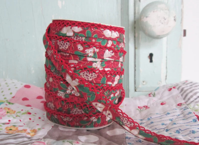 LACE BIAS TAPE, Christmas Floral RED Double Fold Crochet Edge (by the yard)