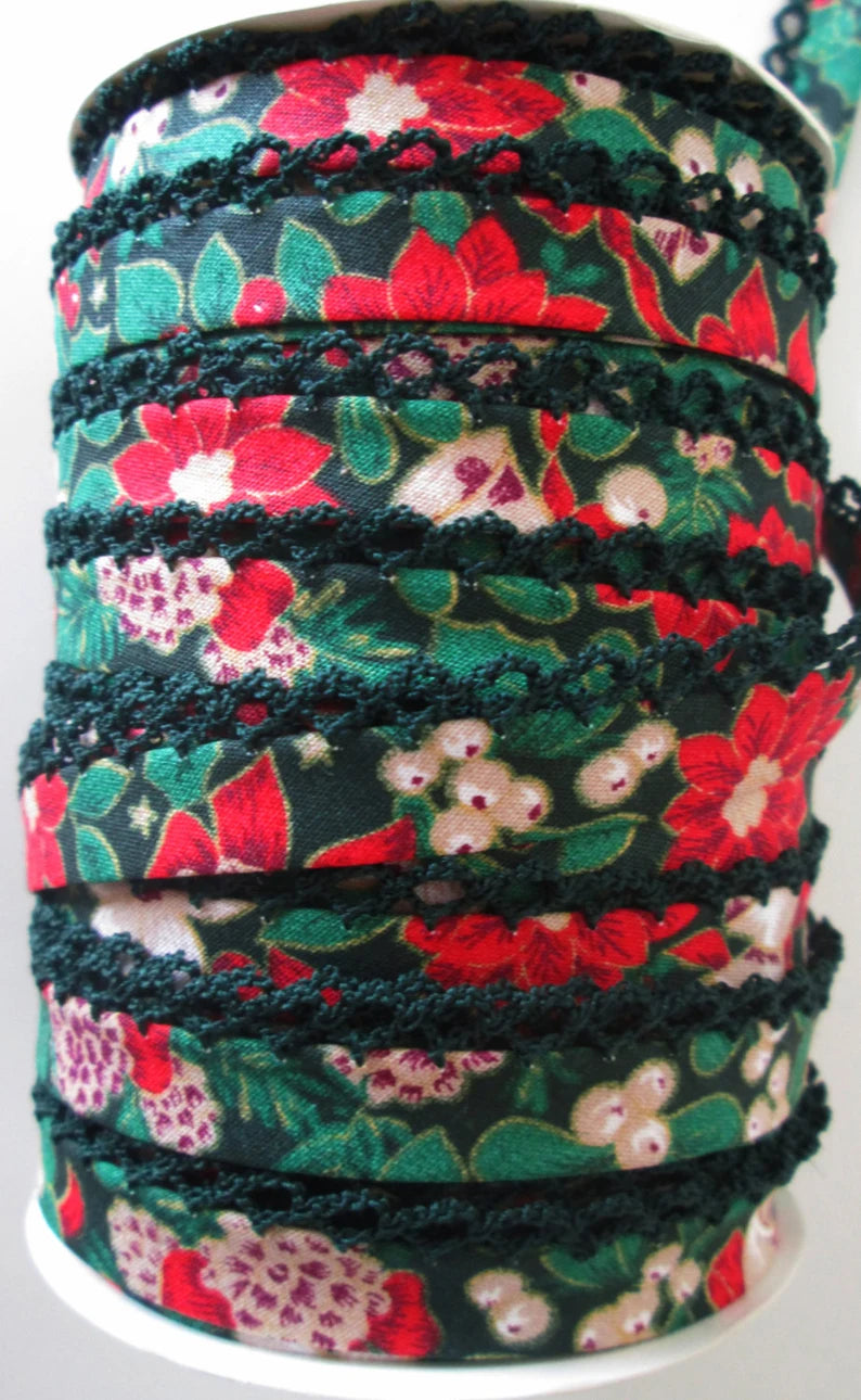 LACE BIAS TAPE, Christmas Floral DARK GREEN Double Fold Crochet Edge (by the yard)