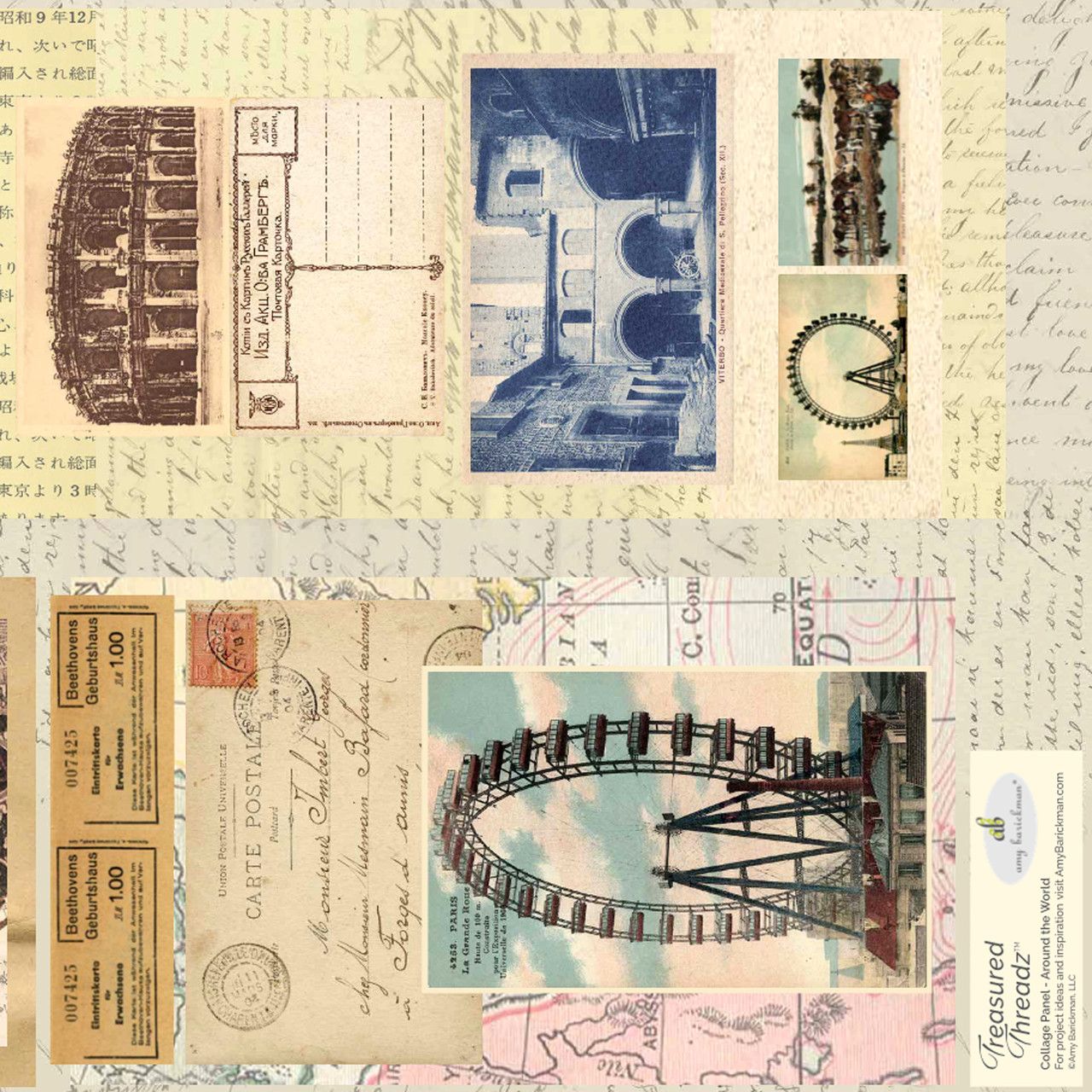 Fabric, Treasured Threadz Quilt Block Panel - Around the World