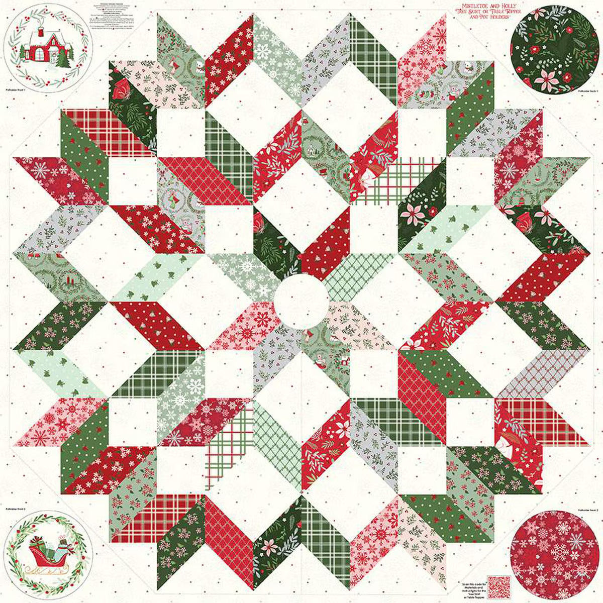 Fabric, Mistletoe and Holly TREE SKIRT with Pot Holders by Beverly McCullough PANEL