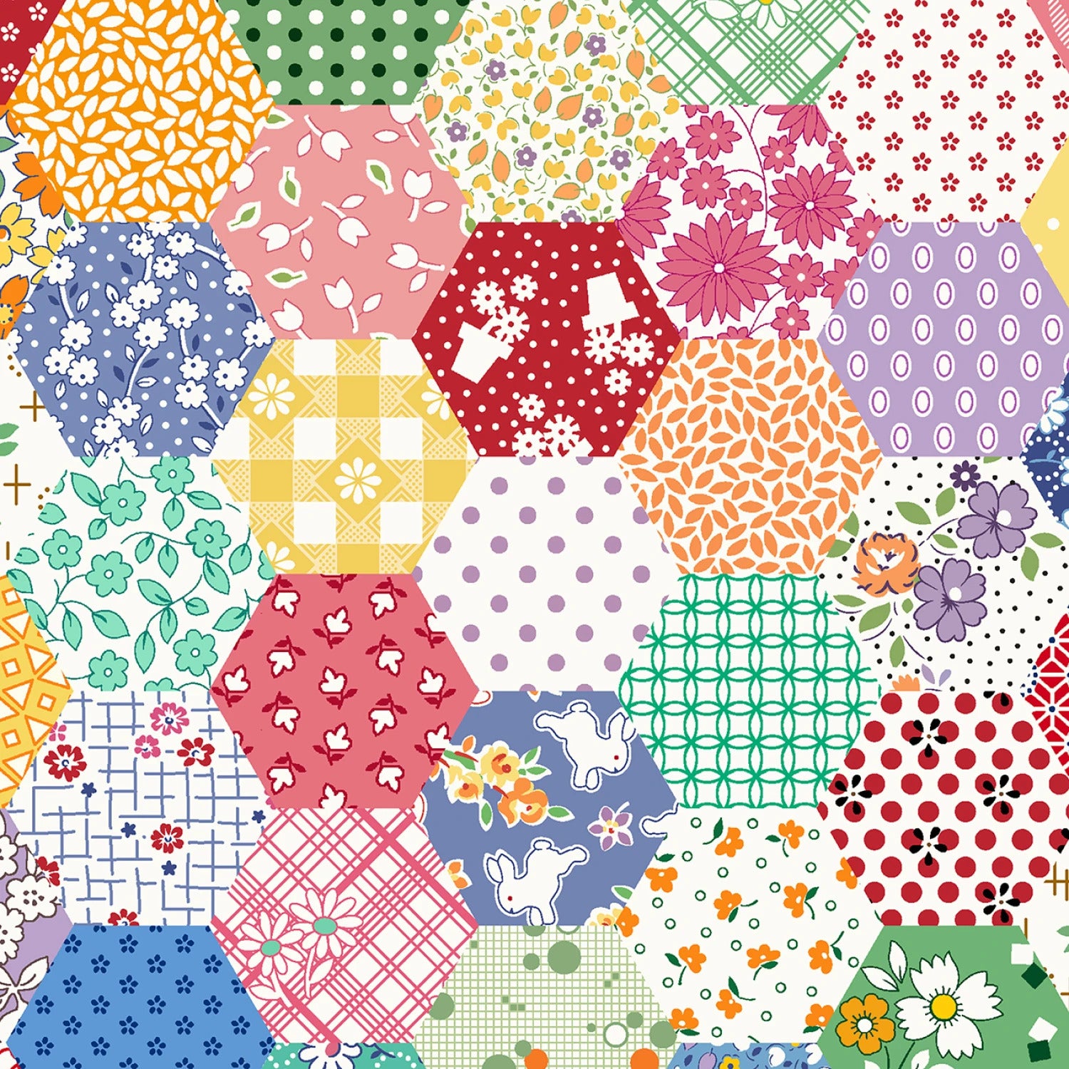 Fabric, Aunt Grace Goes Bold by Judie Rothermel WIDE BACK 108" - Multi Hexagon (by the yard)