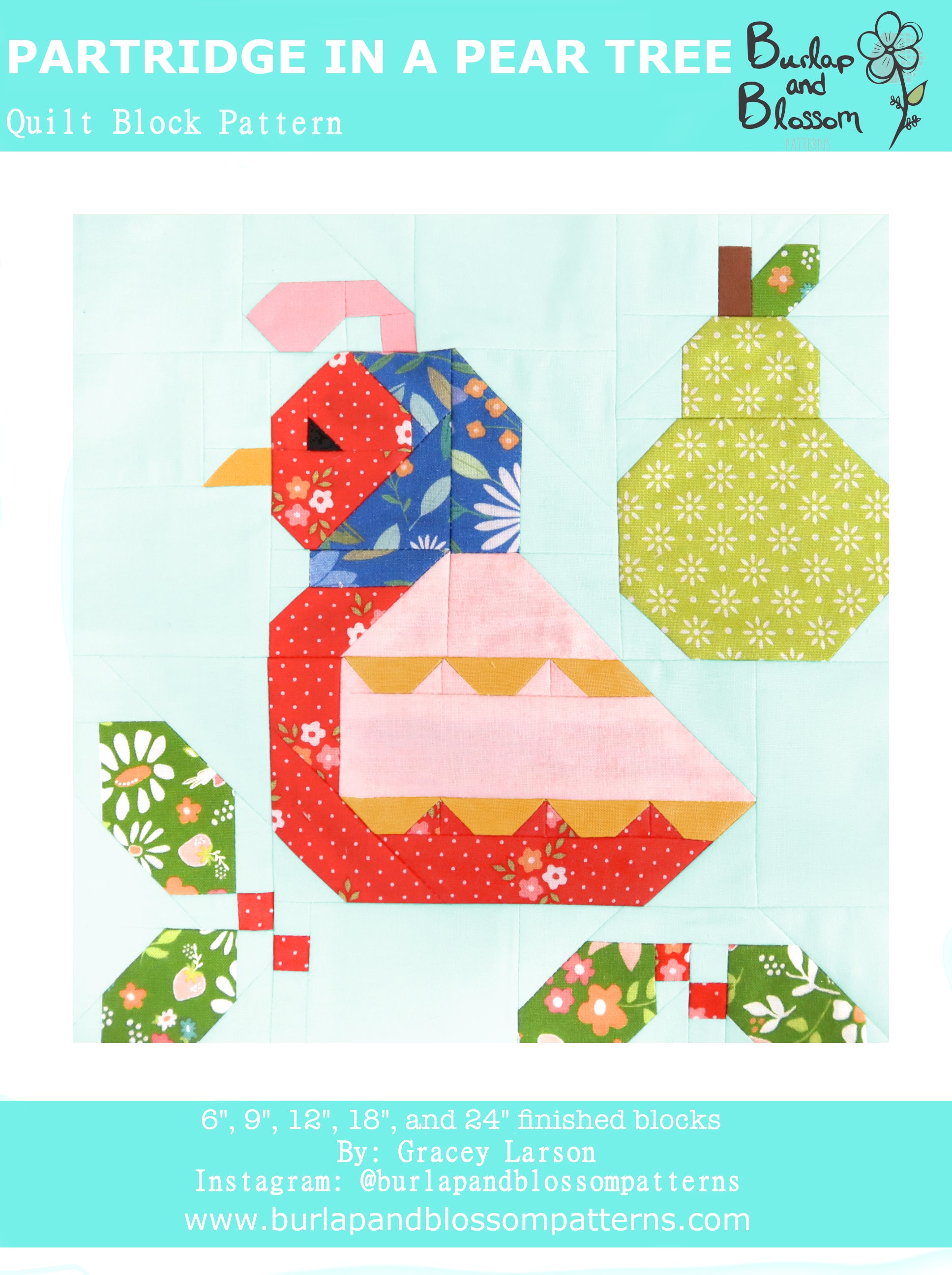 Pattern, Partridge in a Pear Tree Quilt Block by Burlap and Blossom (digital download)